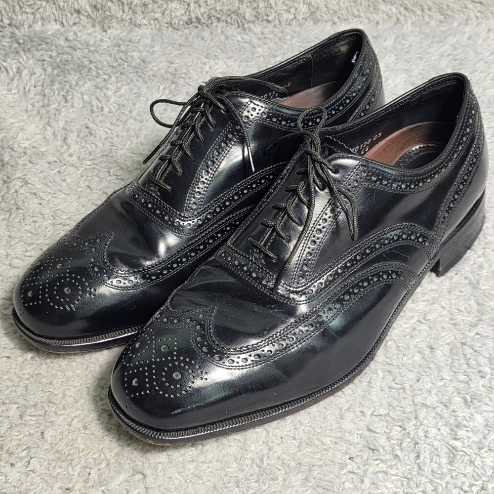 VTG Florsheim Wingtip Oxfords Black Leather Brogue Dress Shoes Mens 10.5 D